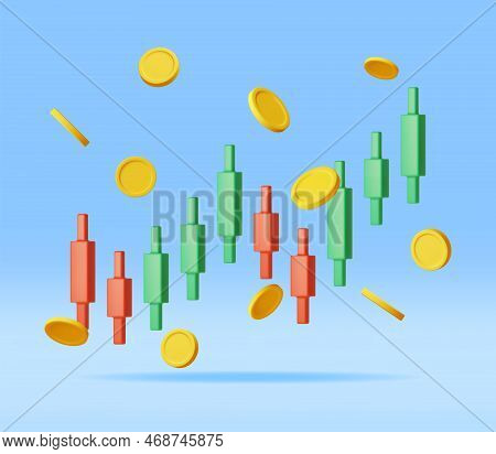 3d Growth Stock Diagram With Golden Coins. Render Stock Candle With Money Shows Growth Or Success. F