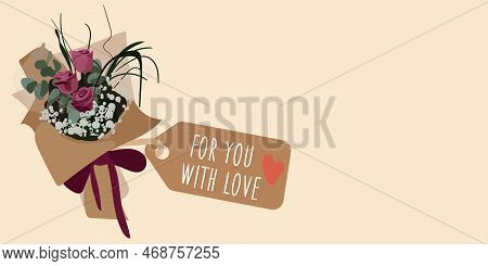 Illustration Of A Beautiful Gift Bouquet Isolated On A White Background In A Flat Style. A Bouquet I