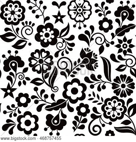 Floral Seamless Vector Pattern Inspired By Traditional Folk Art Embroidery Designs From Mexico - Tex