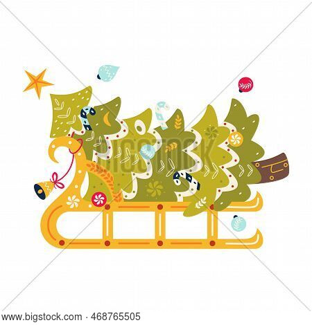 Vector Cartoon Cute Christmas Tree And Sled Illustration Isolated