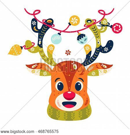 Vector Cartoon Cute Christmas Reindeer Illustration Isolated