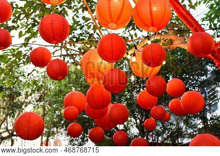 Many Red Lanterns Hanging In Vietnam For Tet Lunar New Year