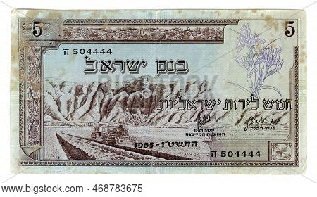 Vintage (1955) Currency Of Israel: Five Lirot Bill, Bank Of Israel, First Issue, Front Side