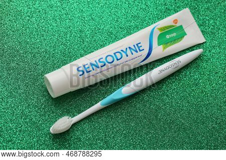 Kyiv, Ukraine - May 4, 2022 Sensodyne Fluorine Or Fluor Is A Daily Fluoride Toothpaste That Helps Pr