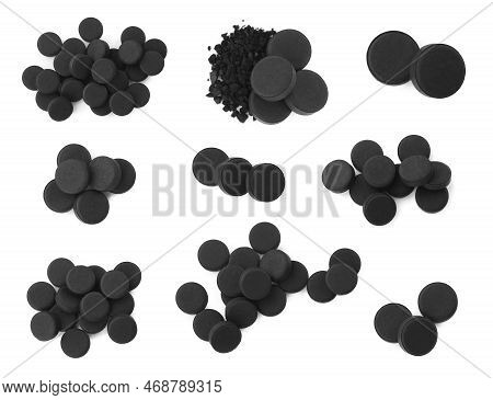 Set With Activated Charcoal Pills On White Background, Top View. Potent Sorbent