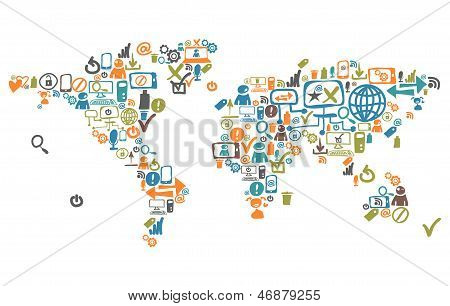 Mapa světa složená z sociální Web ikony a zařízení
