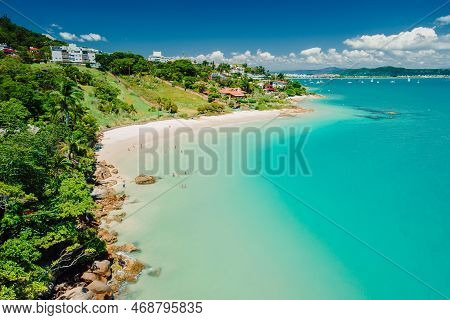 Tropical Holiday Beach With Turquoise Ocean In Brazil. Aerial View