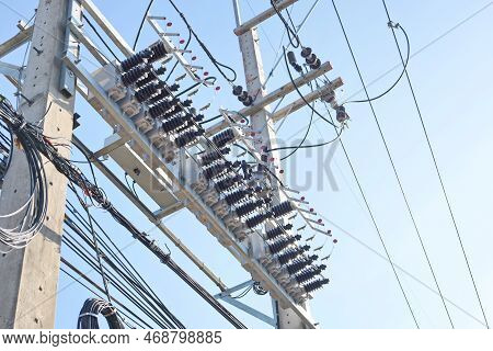 Capacitor Bank On Pole. Close Up Capacitor Bank For Increasing Control Efficiency And Reducing Volta