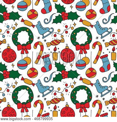 Seamless Texture From New Year Icons, Christmas Symbol. Pattern From Hand Drawn Winter Olidays Icons