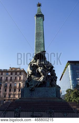 1895 Bronze Monument Of The Five Days Of Milan With Obelisk At Piazza Cinque Giornate In Milano, Ita