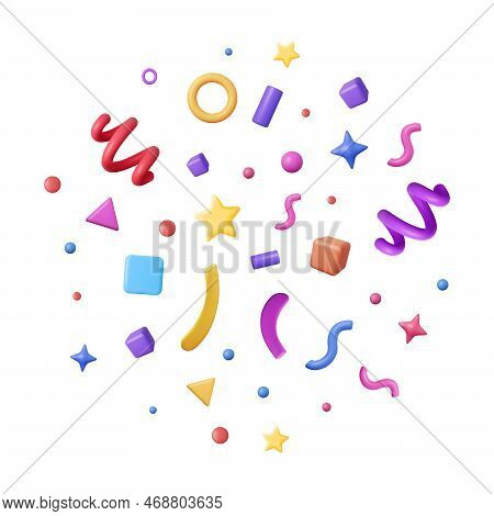 3d Party Confetti Set Isolated On White. Render Plasticine Confetti Collection. Colorful Firecracker