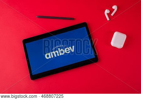 Tula, Russia - October 19, 2021: Ambev S.a. Displayed Modern Laptop On Red Background