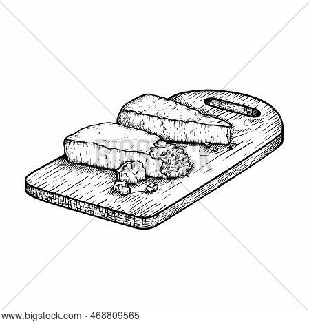 Traditional Italian Cheese Parmegiano On The Cutting Wooden Board With Handle. Hand Drawn Sketch Sty