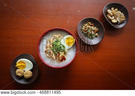 Congee Porridge With Chicken Slice, Tofu, Egg. Congee Porridge From Hong Kong. Chinese Food