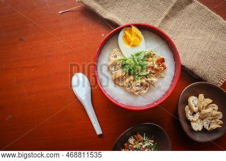 Congee Porridge With Chicken Slice, Tofu, Egg. Congee Porridge From Hong Kong. Chinese Food