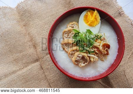 Congee Porridge With Chicken Slice, Tofu, Egg. Congee Porridge From Hong Kong. Chinese Food