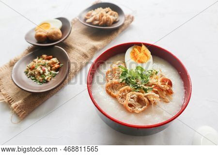 Congee Porridge With Chicken Slice, Tofu, Egg. Congee Porridge From Hong Kong. Chinese Food