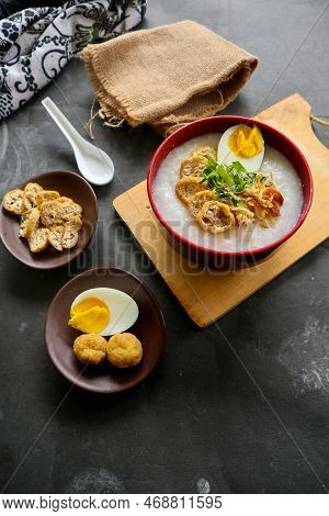 Congee Porridge With Chicken Slice, Tofu, Egg. Congee Porridge From Hong Kong. Chinese Food