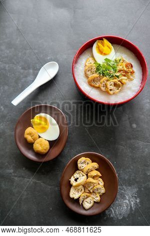 Congee Porridge With Chicken Slice, Tofu, Egg. Congee Porridge From Hong Kong. Chinese Food
