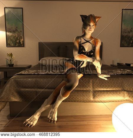 3d-illustration Of A Cute And Attractive Cat Girl In A Hotelroom