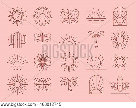 Minimal Sea Logo. Boho Sun. Beauty Bohemian Moon. Mystic Minimalist Sunset. Sunrise Seascape. Eye Ta