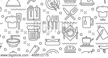 Kitchen Food Pattern. Cook Icons. Restaurant Elements. Chef Cap. Cafe Utensils. Fork And Knife. Cutl