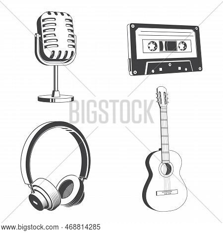 Retro Music Equipment Icons. Set Include Classical Acoustic Guitar, Headphones, Microphone, Classica