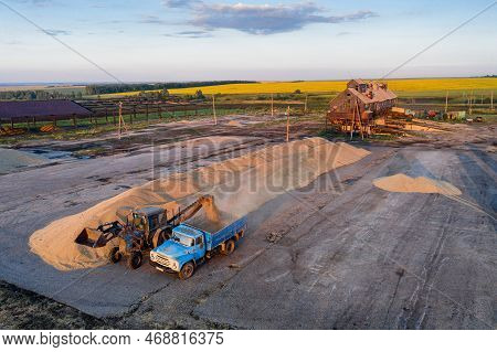 Asekeyevo, Orenburg Region  Russia - 08.04.2022: Volga Region, Harvest Season. A Mountain Of Wheat O