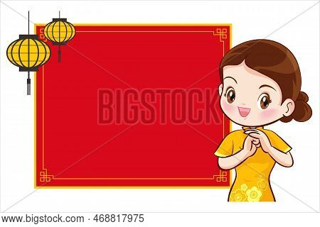 Pretty Chinese Girl In Mandarin Gown With Chinese New Year Festival With Space Frame