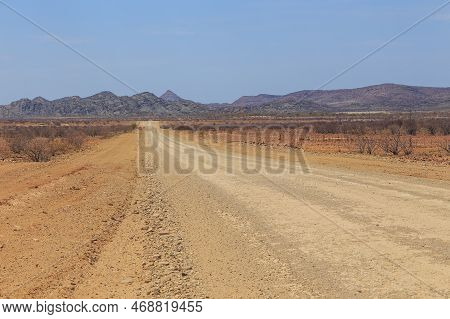 Namibian Landscape Along The Gravel Road. Yellow Ground And African Vegetation Around. Damaraland, H