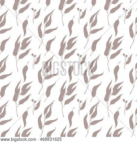 Eucalyptus Botanical Seamless Pattern. Gray Brown Leaf Silhouette On White Background. Nice For Bedd