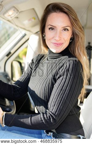 Pretty Slim Woman Beauty Sit On Camper Van Motor Home Driver In Rv Vanlife Campervan
