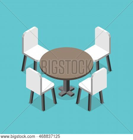 Isometric Round Table With Four Chairs. Business Negotiations, Meeting, Discussion, Modern Interior 