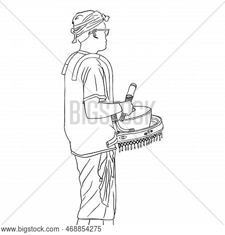 Outline Sketch Of A Musician From The Island Of Bali Stands With A National Instrument From The Game