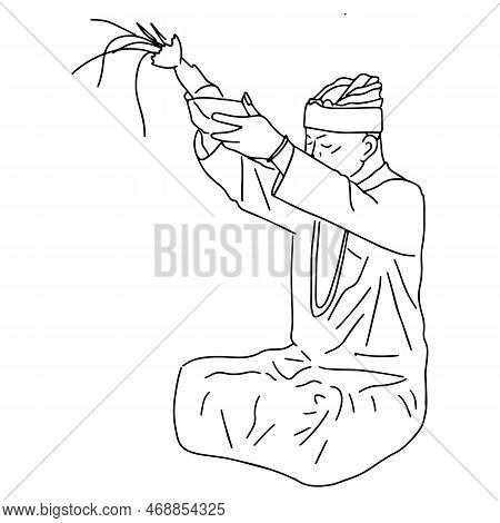 Outline Sketch Of Praying Balinese Man In Traditional Dress Sacred Raised His Hands To The Sky