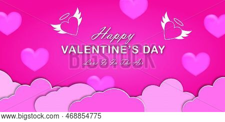 Valentine's Day Design. Valuable Red, Purple And Pink Paper Cut Hearts In Clouds. Cute Valentine Sal
