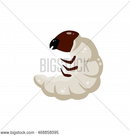 Insect Larva. White Caterpillar. Little Worm Parasite. Flat Cartoon Illustration Isolated On White