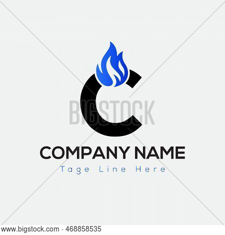 Blue Fire Logo On Letter C Template. Blue Fire On C Letter, Initial Fire Sign Concept