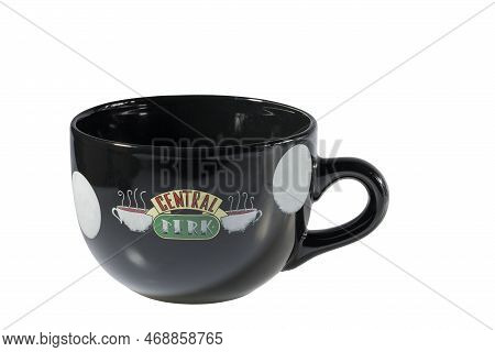 Close Up View Of Black Souvenir Cup With Central Perk Logo From Famous Friends Serial. Sweden. Uppsa