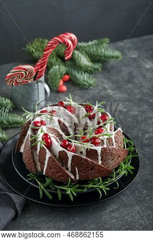 Christmas Chocolate Bundt Cake. Traditional Christmas Fruit Cake With White Glaze, Cranberries And R