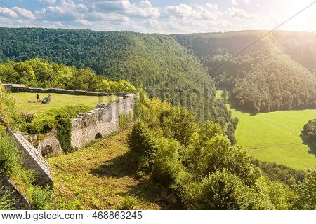 Mountain Landscape With Hohenurach Castle, Bad Urach, Germany. Scenic View Of Swabian Alps From Old 