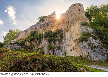 Hohenurach Castle Near Old Town Of Bad Urach, Germany. Scenery Of Abandoned German Castle On Mountai