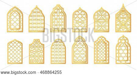 Golden Ornament Arabic Windows. Decorative Arabian Window With Arabesque Ornamental Patterns, Islami