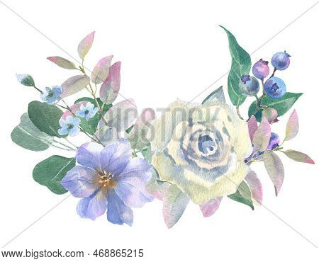 Watercolor Rose, Eustoma, Blueberry And Eucalyptus Branches, Isolated On White Background. For The D