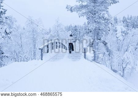Saariselka, Finland - December 30, 2017: Trekking And Bike Route In Lapland