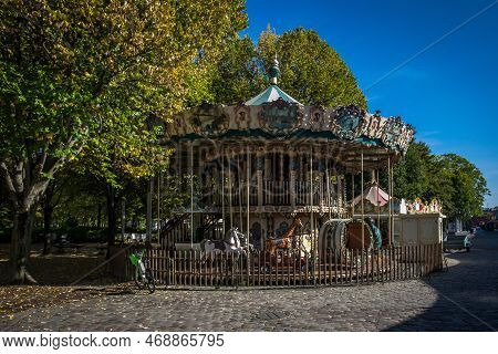 Paris, France, Oct 2022, View Of The Jules Verne Carousel In The Park Of La Villette