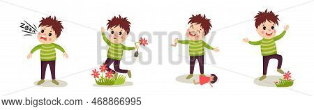 Naughty Little Boy Playing And Misbehaving Vector Set