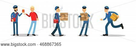Postman Or Mailman Character Delivering Parcels Vector Set