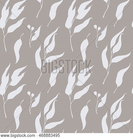 Vector Leaves Silhouette Seamless Pattern. Gray Brown And White Leaf Pattern For Bedding, Wallpapers
