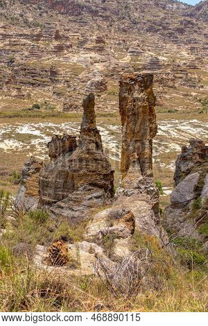 Rock Formation In Isalo National Park In Ihorombe Region. Wilderness Landscape With Water Erosion In